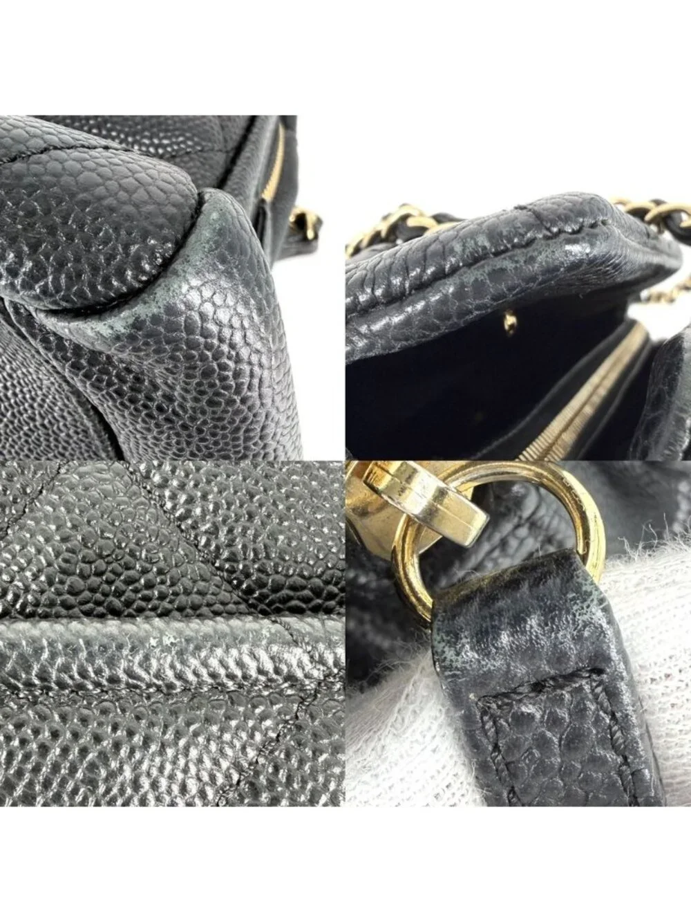 Chanel Handbag Quilted Chain Tote CC Logo Shoulder Caviar Leather Black Gold